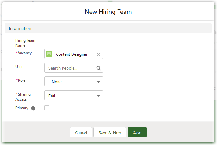 Screenshot showing new hiring team dialog